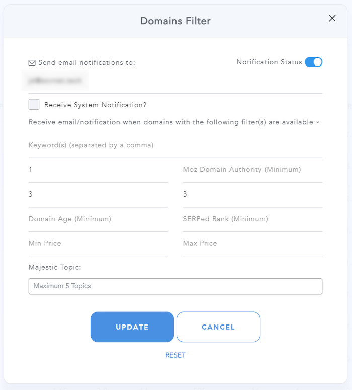 Pause Function successful  Domain Filter Modal Window